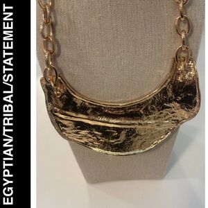 Gold Tone Hammered Crescent Bib Statement 15”L plus 3”L Necklace Unisex